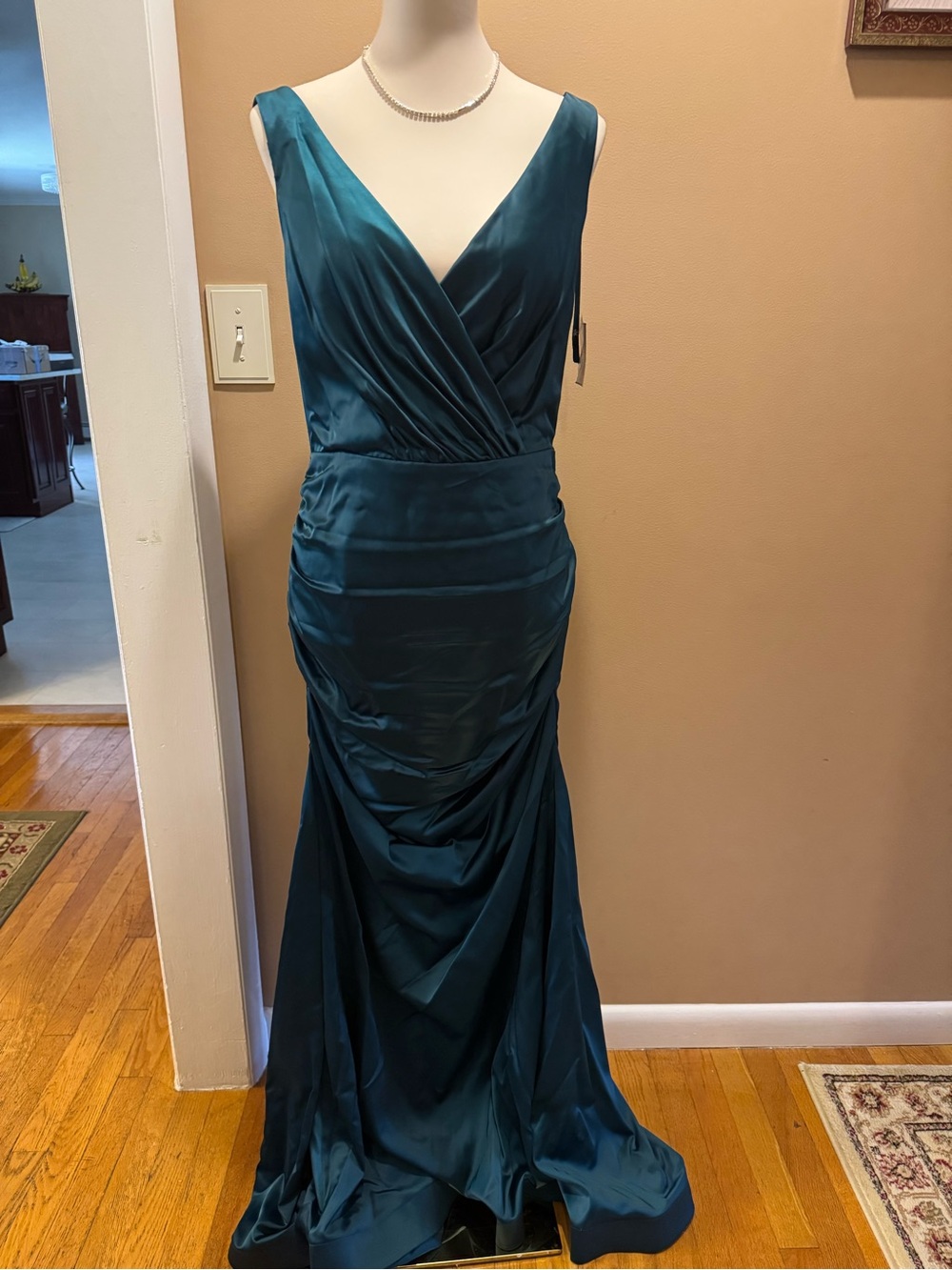 Teal Satin V-Neck Ruched Evening Gown